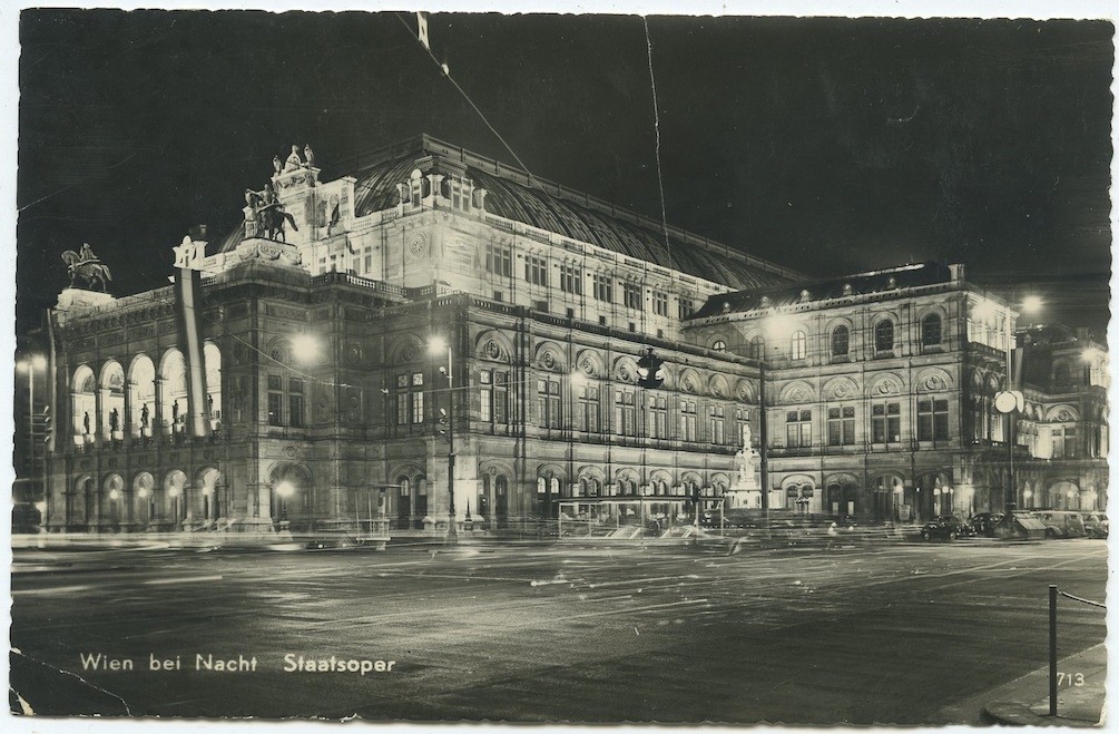 Wein Austria Staatsoper at Night 1958 Vintage Postcard Chrome