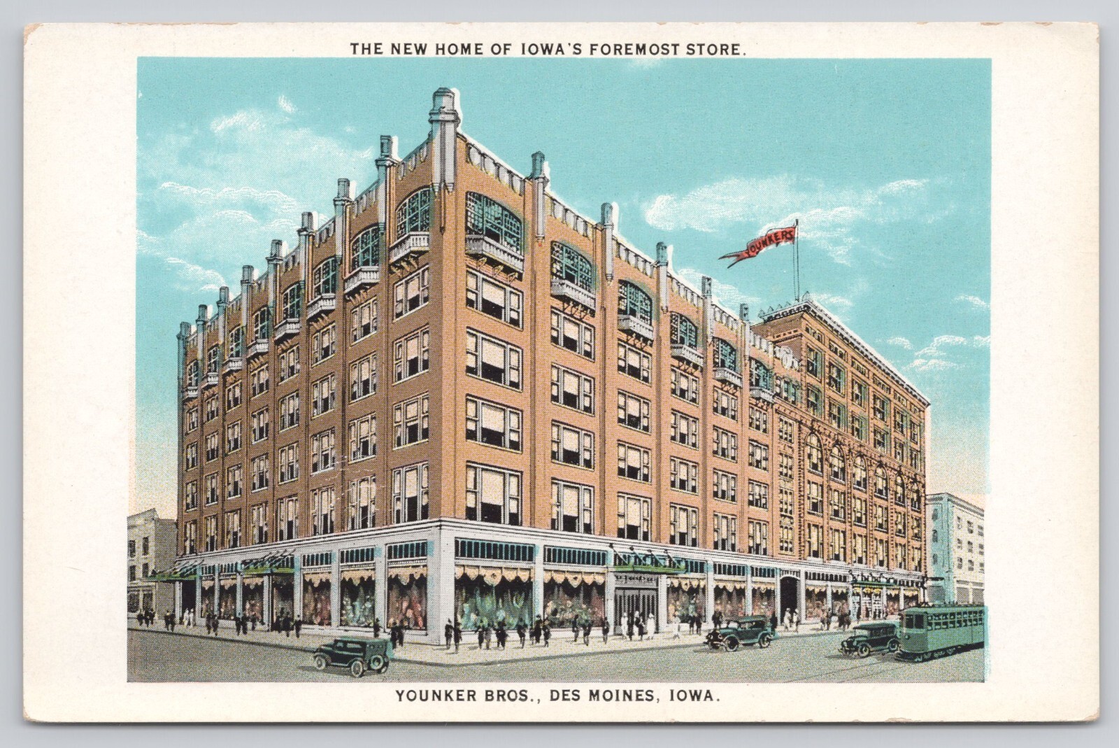 c1924 Younker Brothers Department Store Streetcar Des Moines Iowa IA Postcard