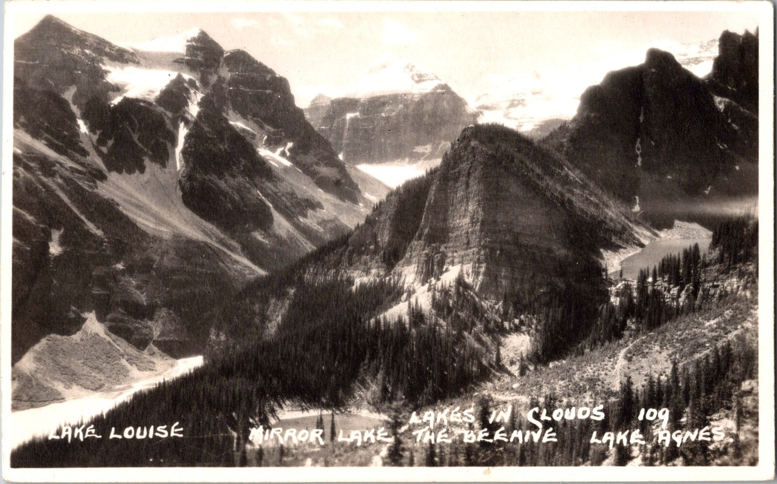 Banff Alberta Mirror Lakes in Clouds Beehive Agnes Harmon RPPC 109 Postcard AB