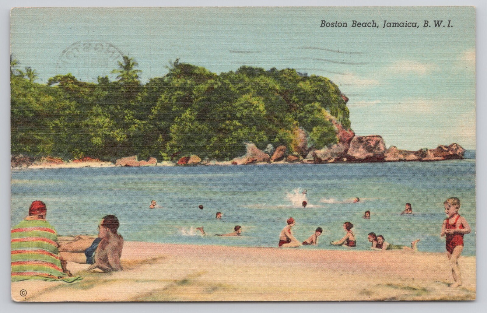 Boston Beach Port Antonio Jamaica Swimmers Bathing Vintage 1939 Postcard