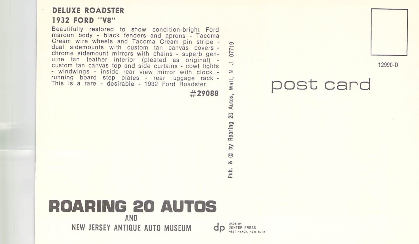 Deluxe Roadster 1932 Ford V8 – NJ Wall Roaring 20 Auto Postcard K11