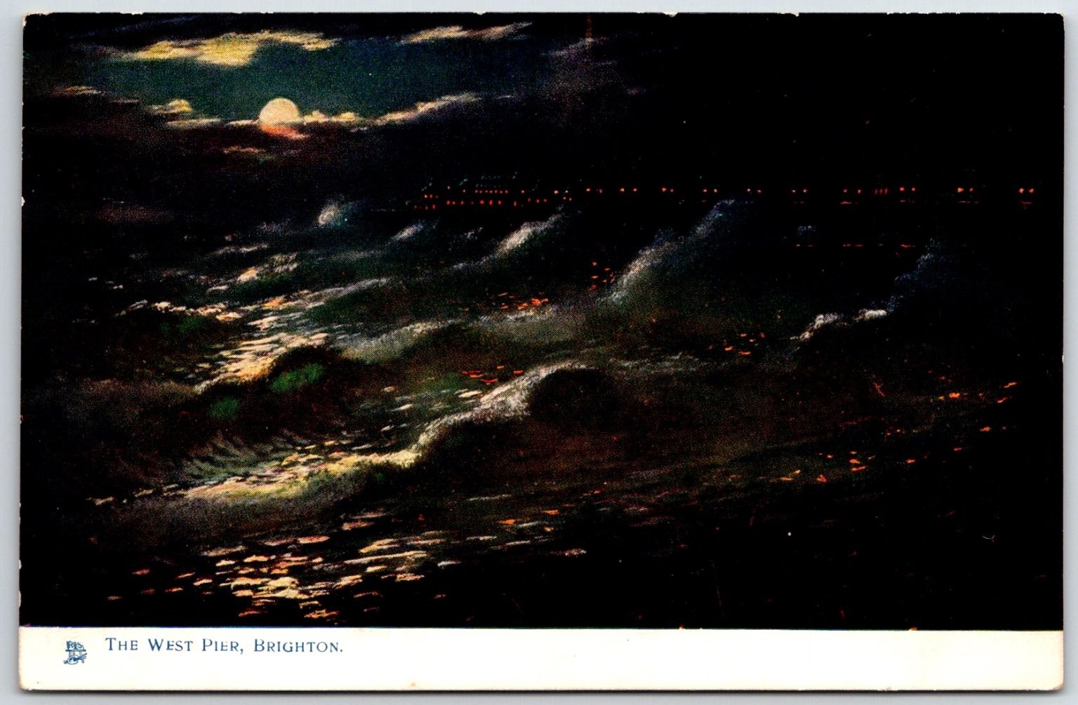 Raphael Tuck Oilette Postcard – West Pier Brighton Rough Seas Moonlight