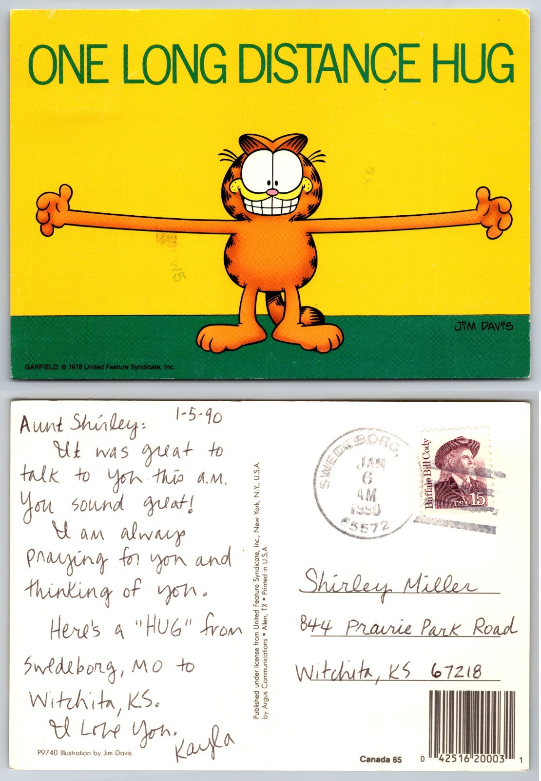 Continental One Long Distance Hug Garfield Postcard