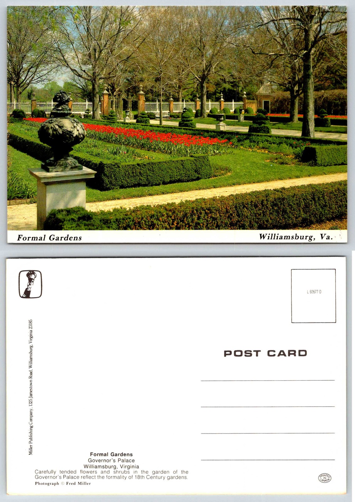 Williamsburg Virginia Governor’s Palace Formal Gardens Postcard AOO166