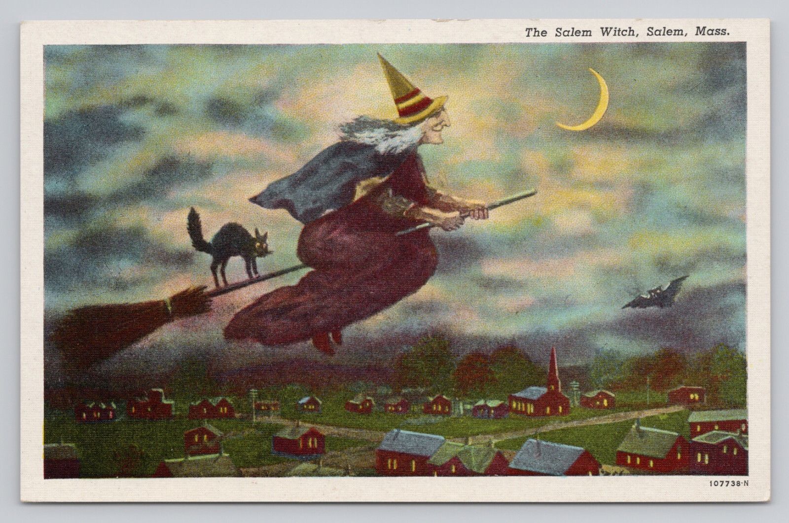The Salem Witch Black Cat Moon Halloween Theme Salem Massachusetts Postcard
