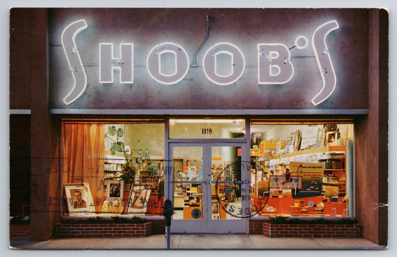 Shoobs Neon Camera Shop Studio Modesto CA Postcard 1958 Storefront