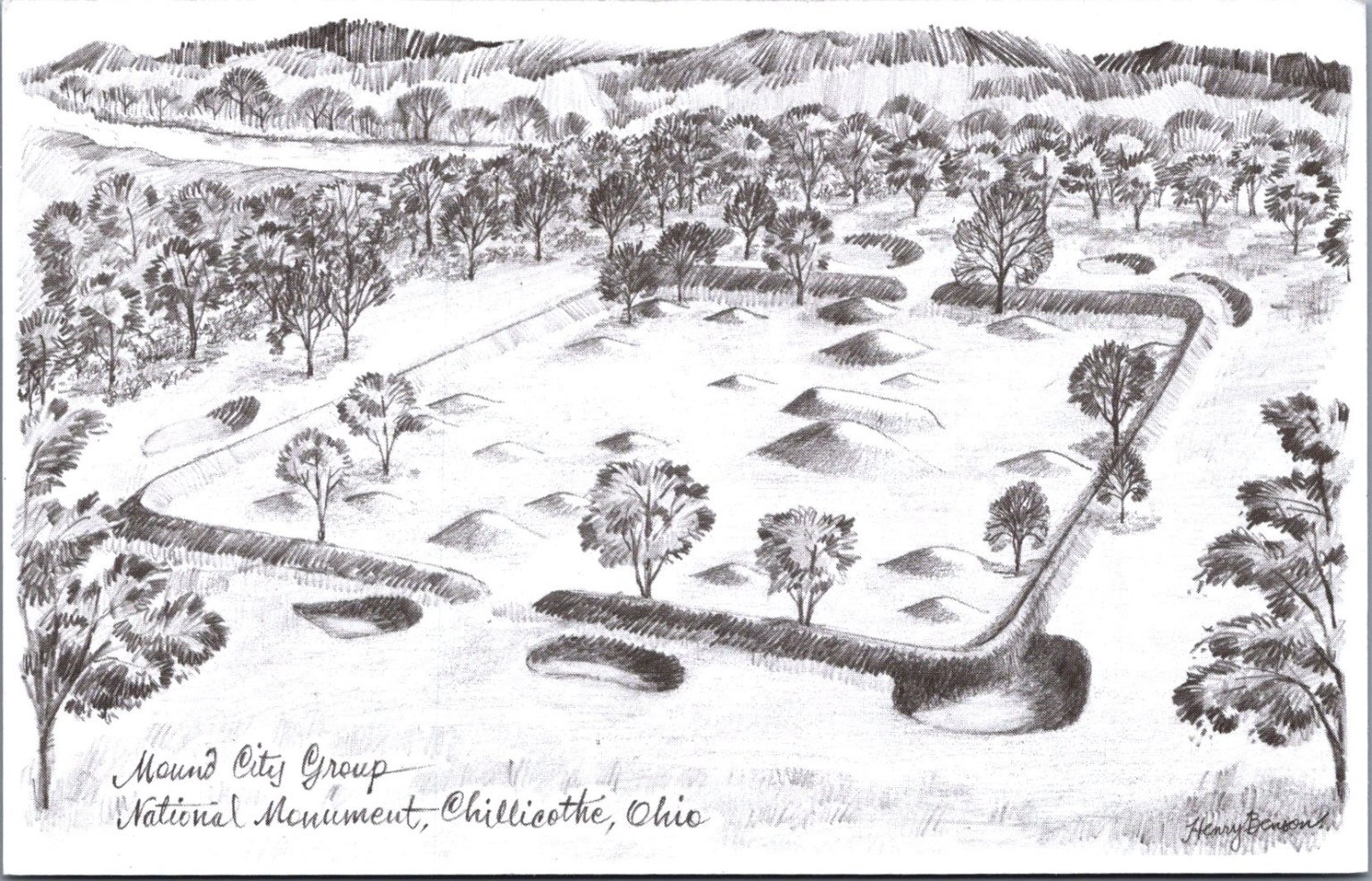 Mound City Group National Monument Chillicothe Ohio Postcard 2000 Pencil Art