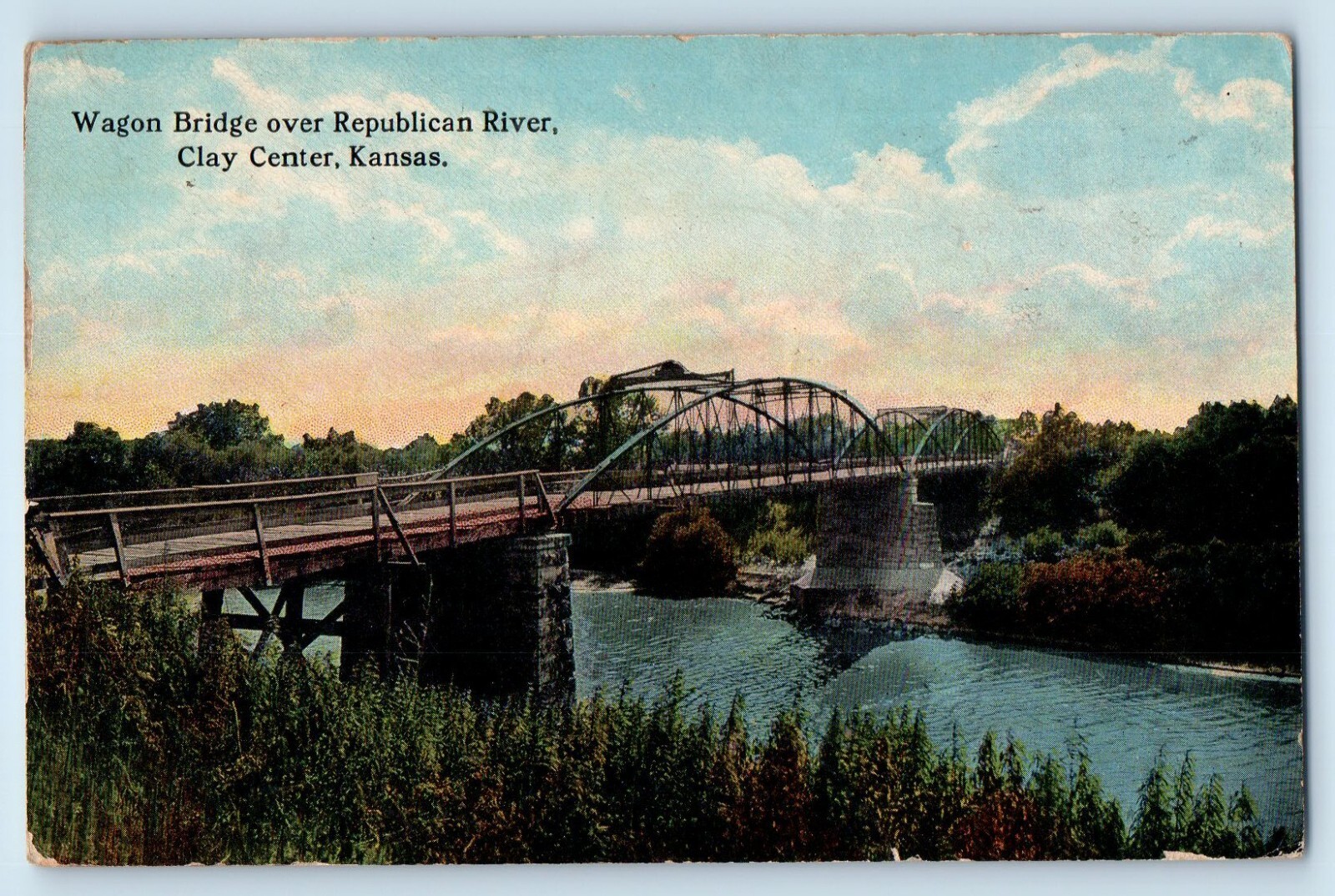 c1918 Clay Center Kansas Postcard Wagon Bridge Republican River Air View Posted