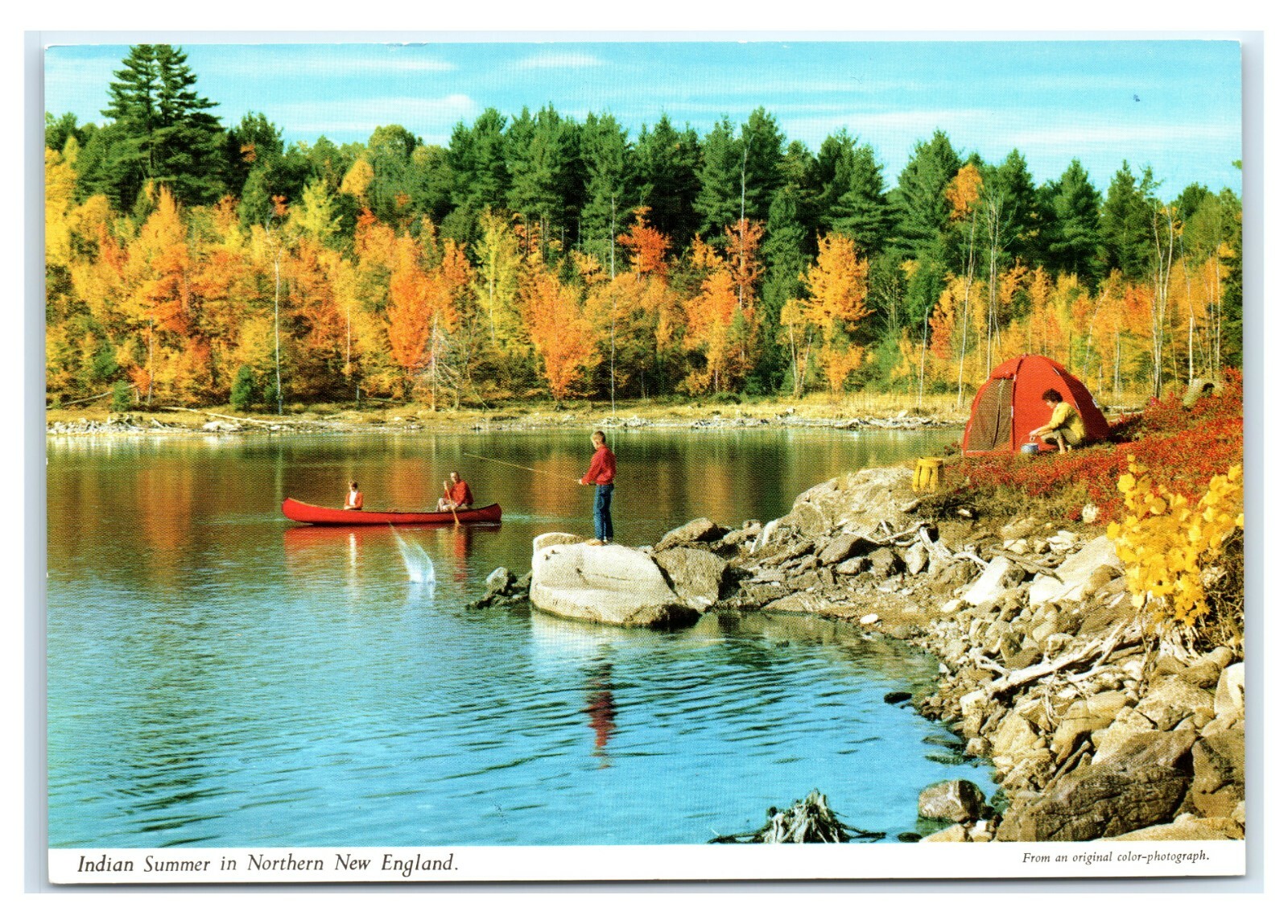 Postcard Indian Summer in Northern New England tent canoe fishing K14