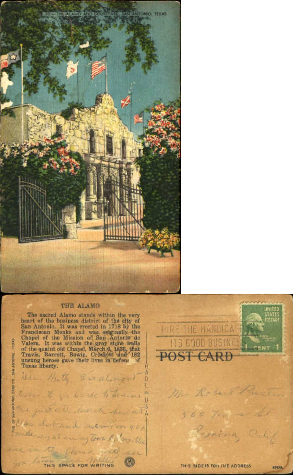 Alamo and Courtyard San Antonio Texas TX flags mailed 1950