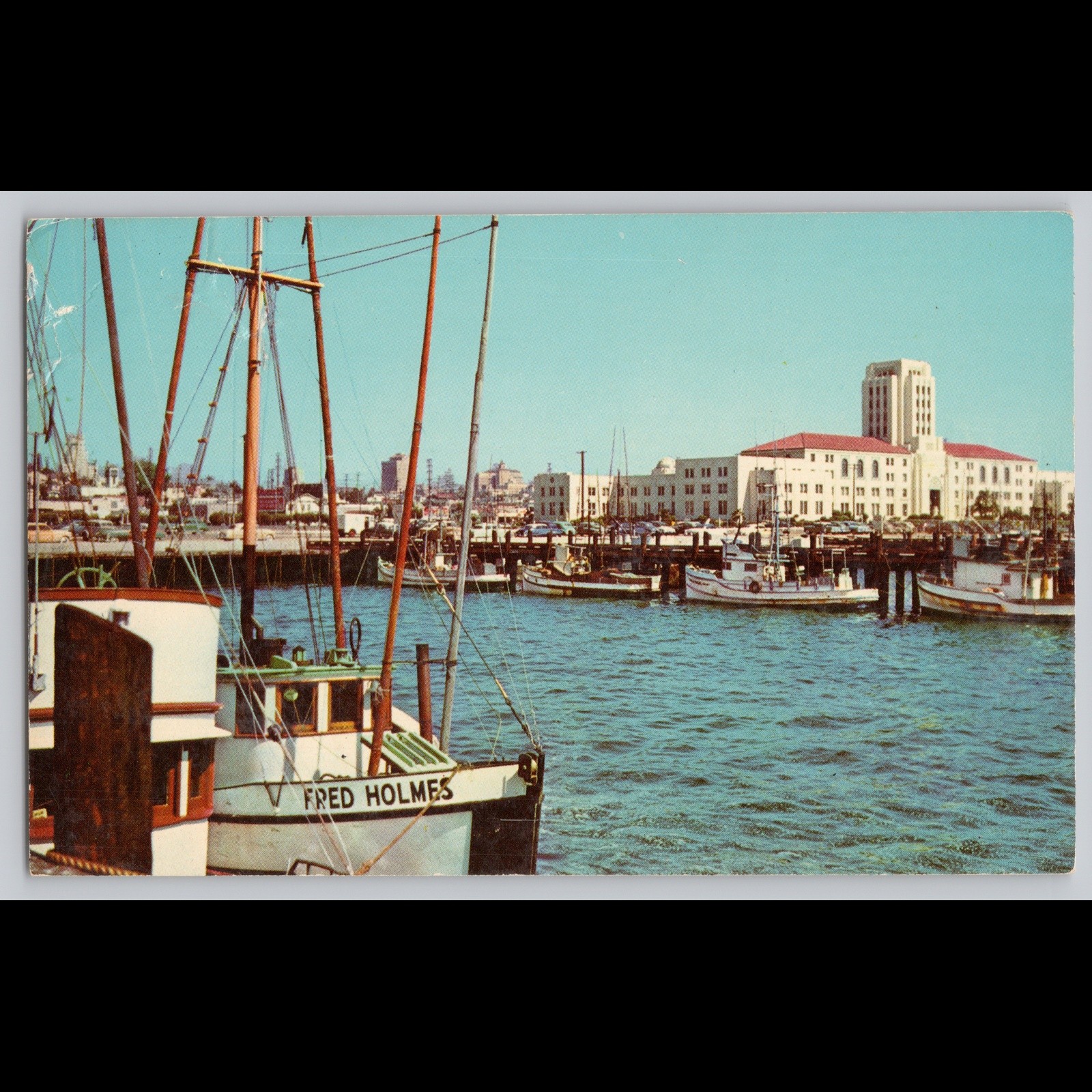 Postcard Waterfront and City Hall San Diego California Tuna Boats
