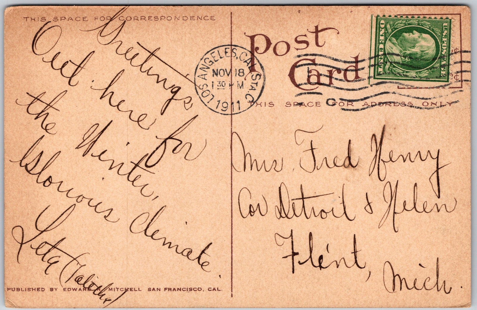 1911 U.S Grant Hotel San Diego California Street View Palm Trees Posted Postcard