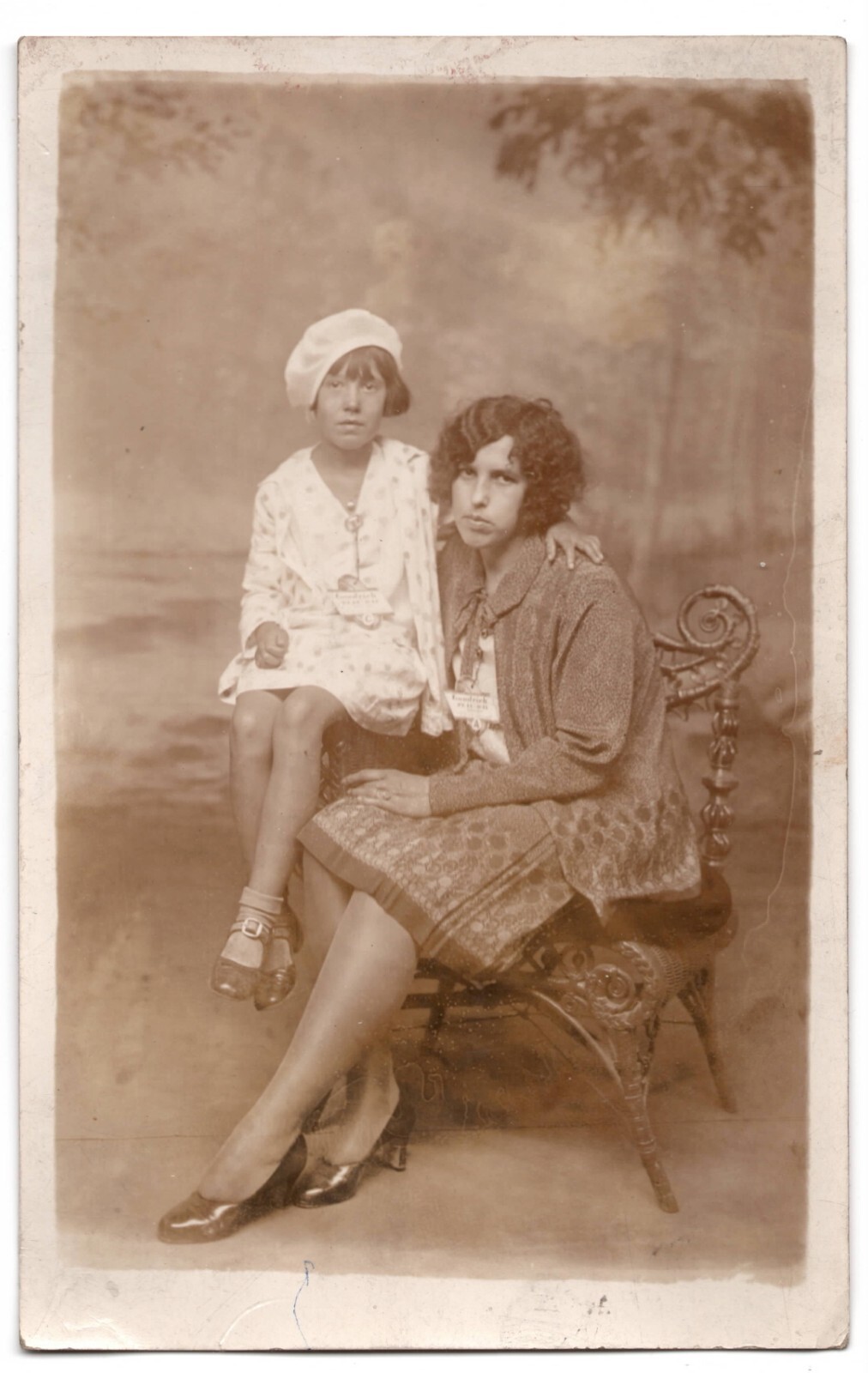 1920s RPPC Sisters Girls Fashion Real Photo Postcard Skirt Pattern Hair Beret