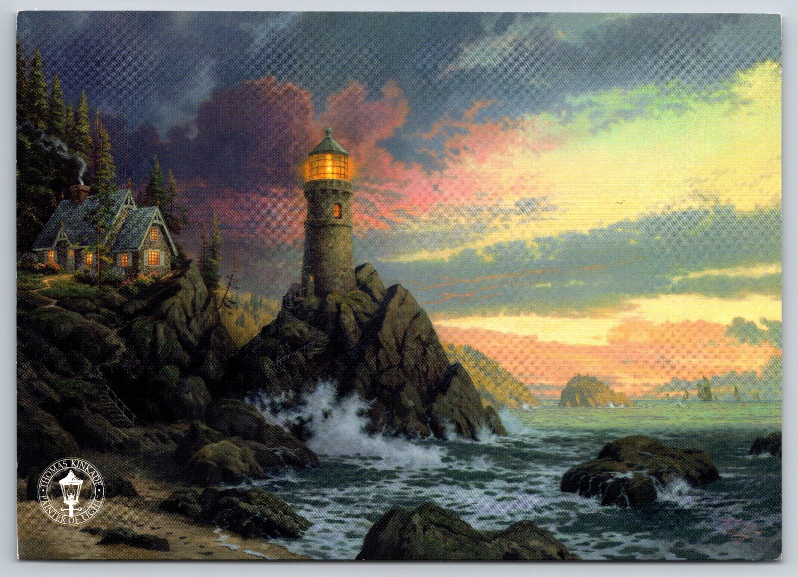 Thomas Kinkade Rock of Salvation 2001 Card Lighthouse Painting 5.75″ x 4″