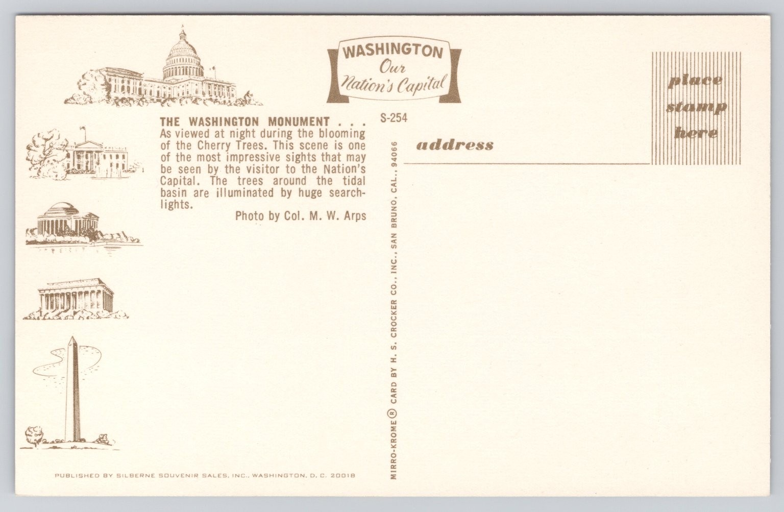 Washington Monument Cherry Blossoms Night View Vintage Postcard S-254