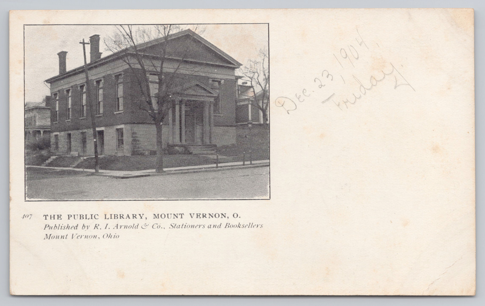 1904 Public Library Mount Vernon Ohio Postcard R.I. Arnold Co Early View