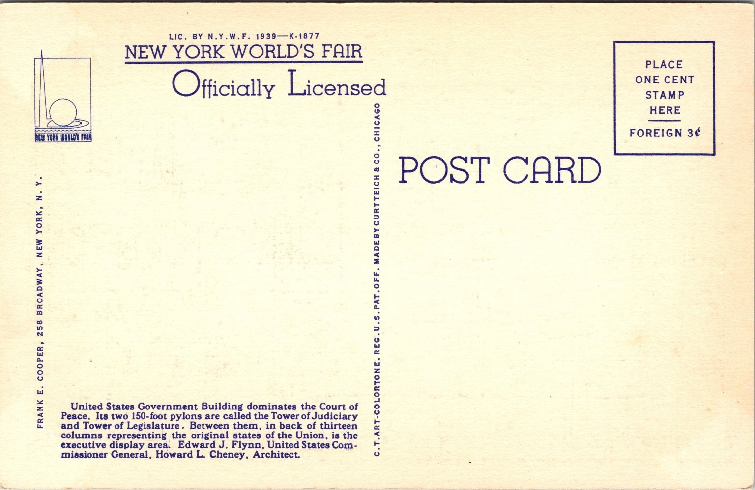 New York NY World’s Fair 1939 US Government Building Linen Postcard US Flags