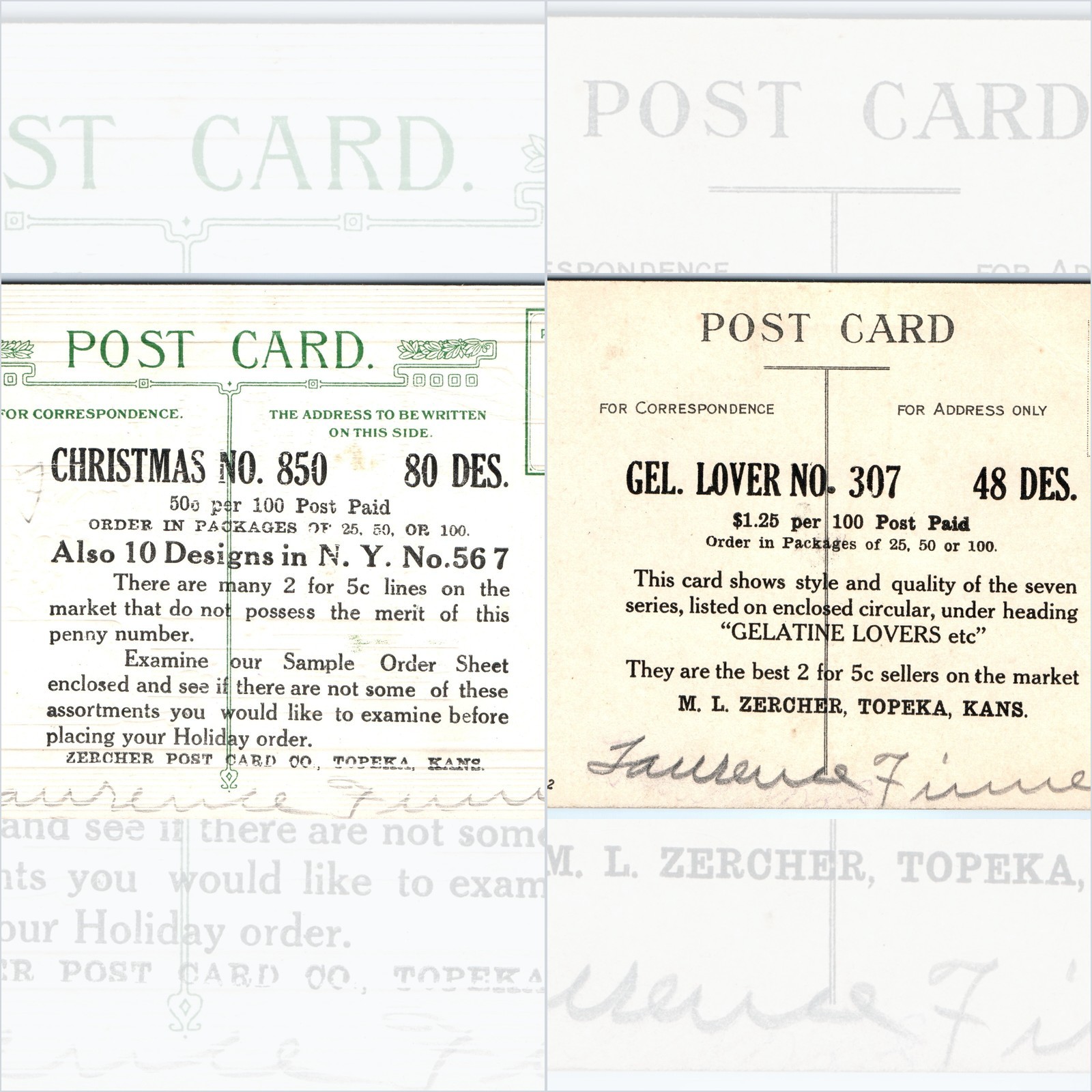 x2 LOT c1910s Topeka, KS Zercher Salesman Sample Postcards Christmas Gel Lovers