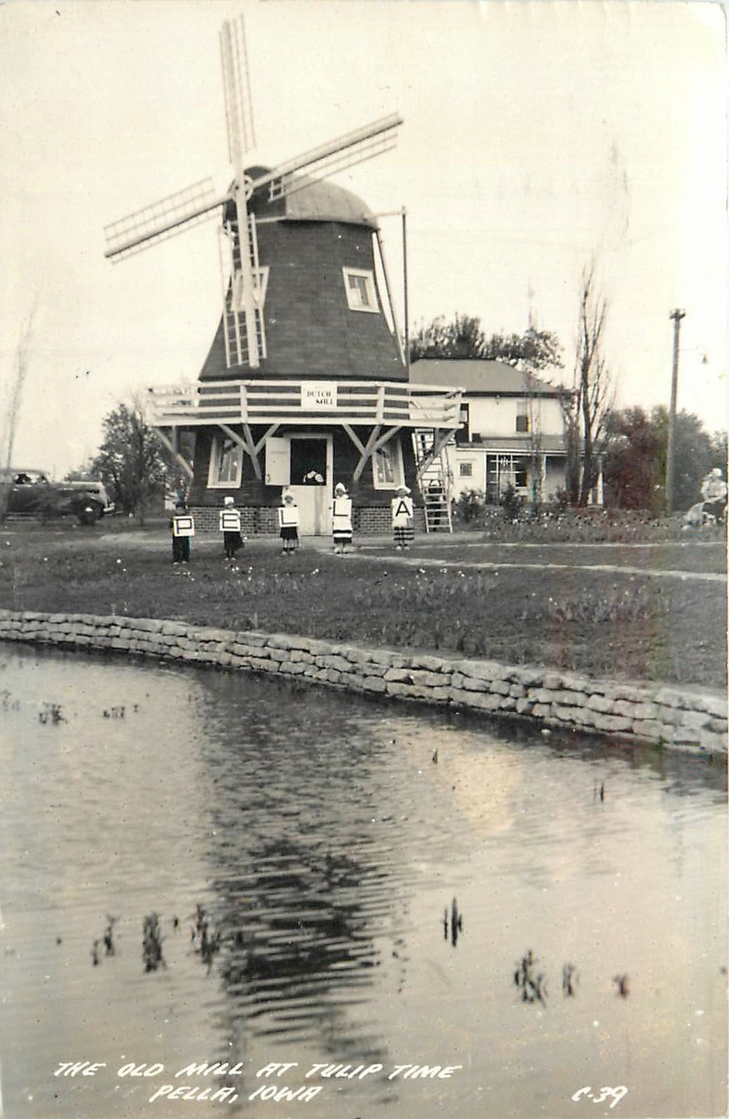 1944 Pella Iowa Windmill Old Mill Tulip Time C-39 RPPC Postcard 26-1838