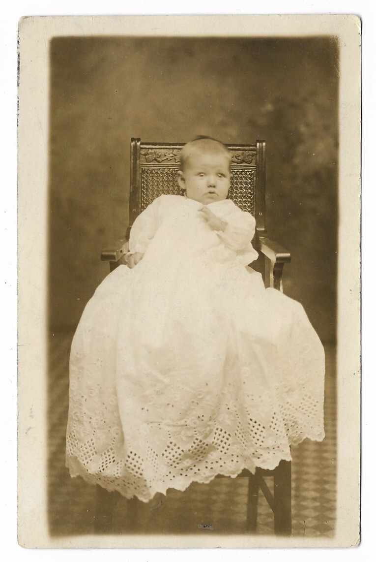 Vintage Real Photo Postcard Baby in White Dress Portrait Photography Studio