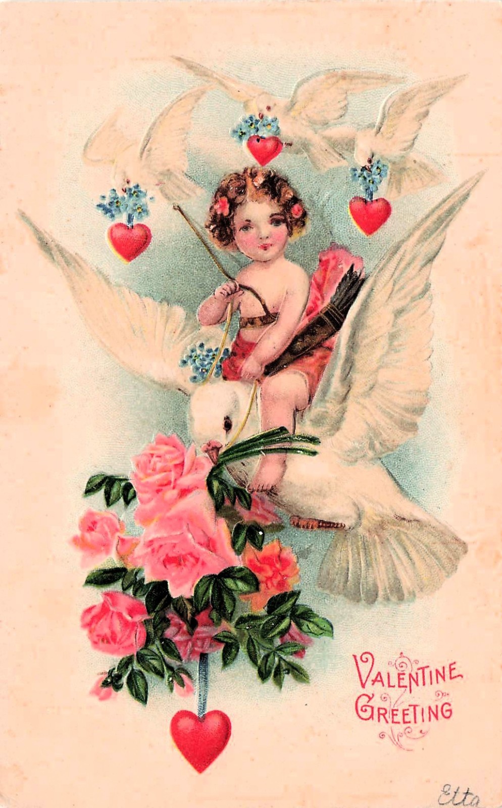 Antique Victorian Valentines Day Card Die Cut Paper Lace Cupid Vtg Postcard J3