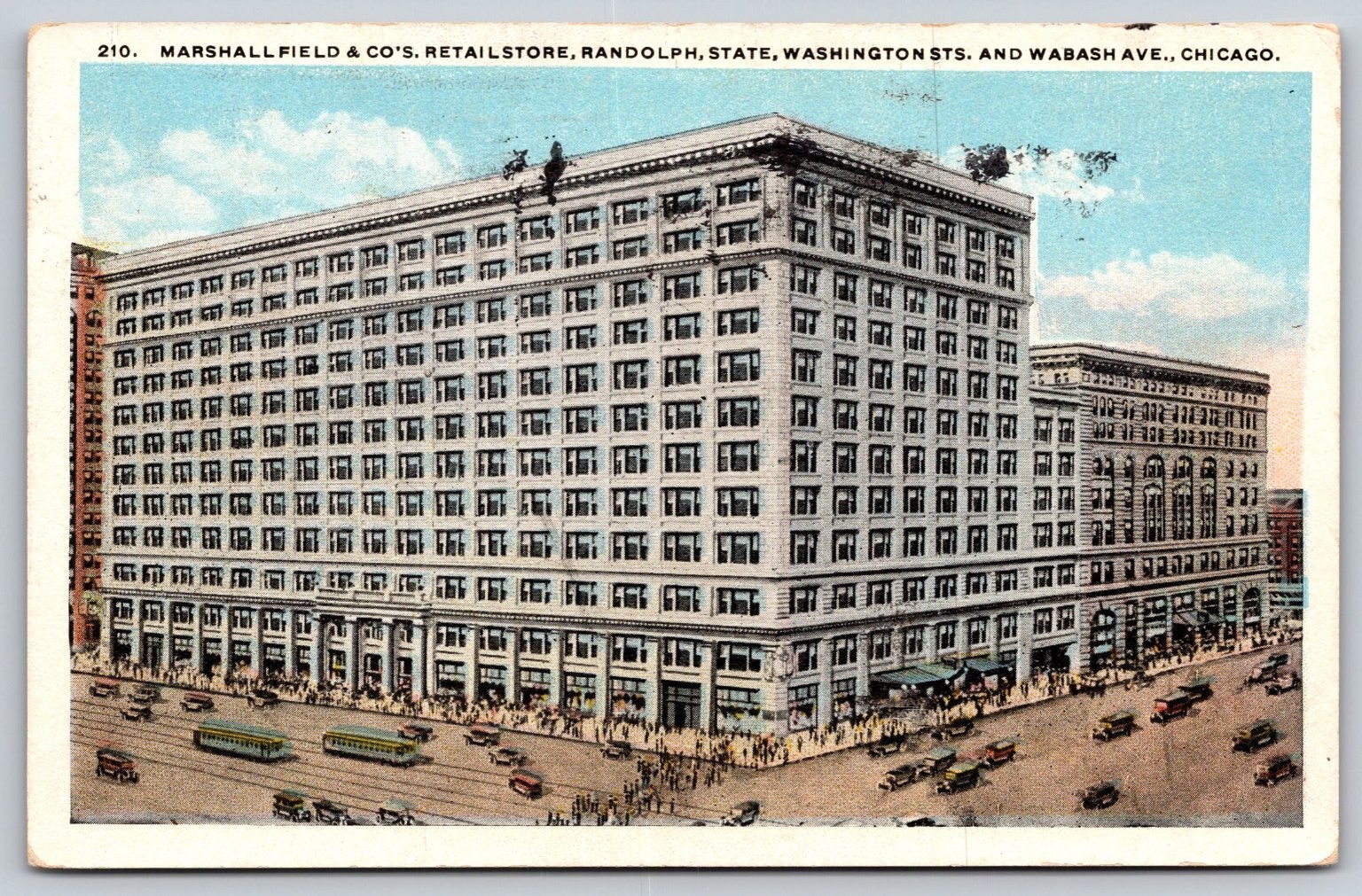 1921 Marshall Field & Co. Retail Store Chicago IL Postcard Streetcars Cars AA293