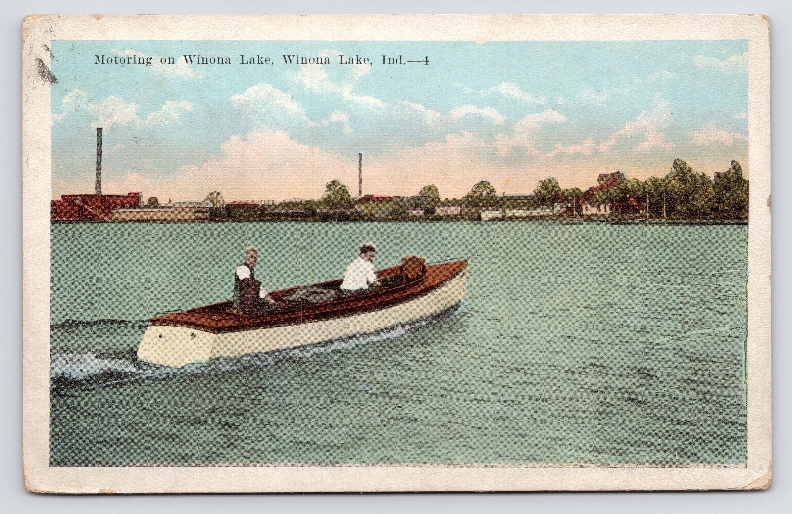 1920s~Motor Boat~Winona Lake Indiana IN~Skyline~Vintage VTG Postcard