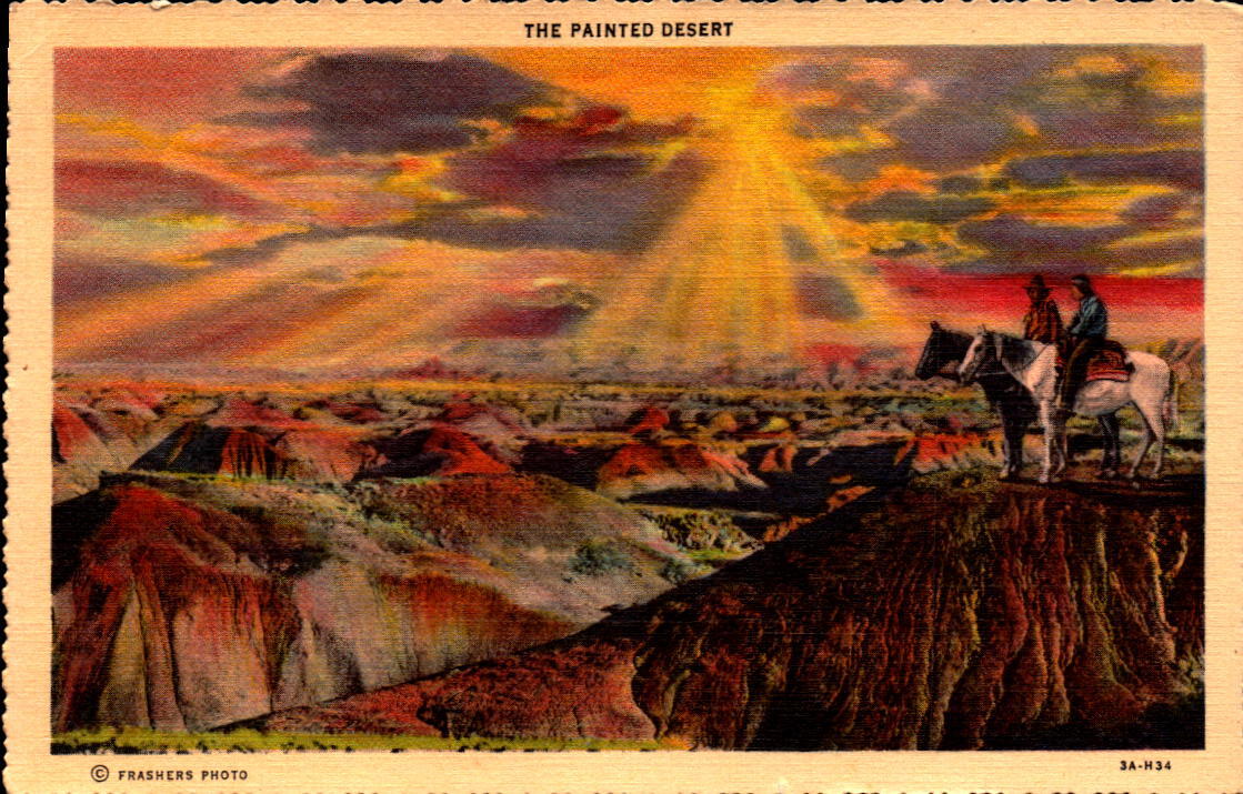 1940 The Painted Desert, Horseback, Sunset, Arizona AZ, Frasher Postcard A1