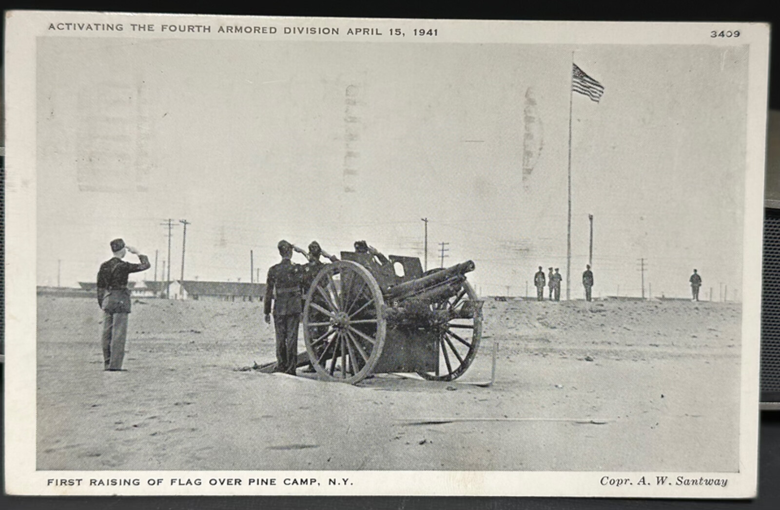 Postcard 1941 WW2 PINE CAMP, NY Activating Fourth Armored Div. CANNON Raise Flag