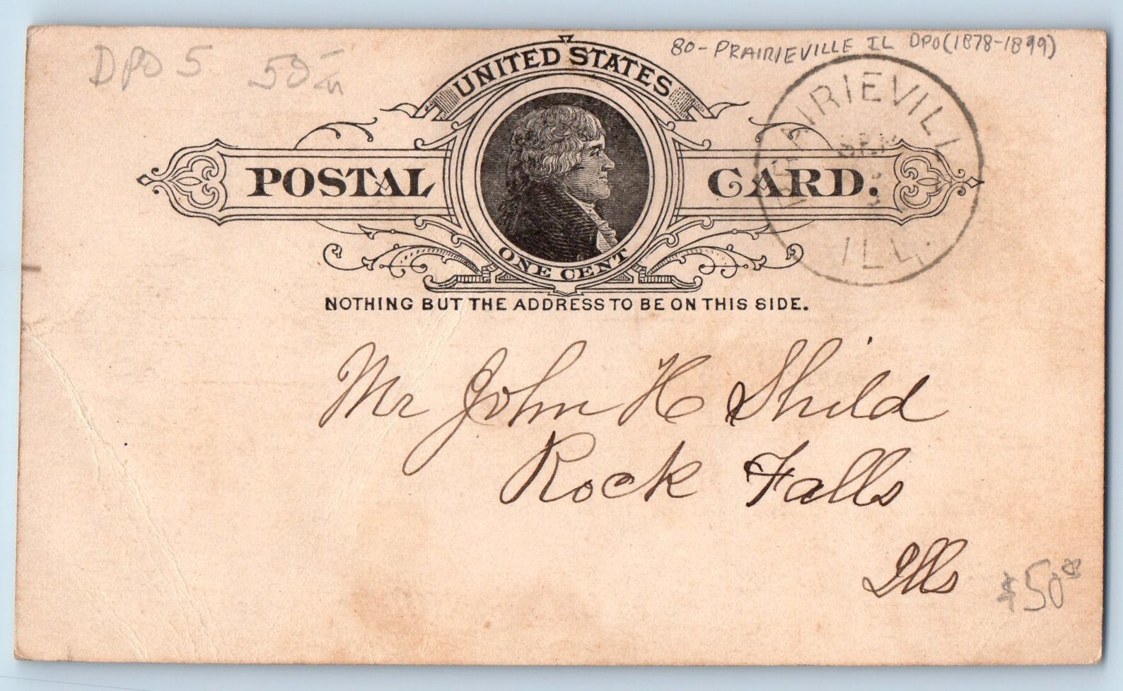 DPO (1878-1899) Prairieville IL Postcard Palmyra Insurance Company Palmyra IL