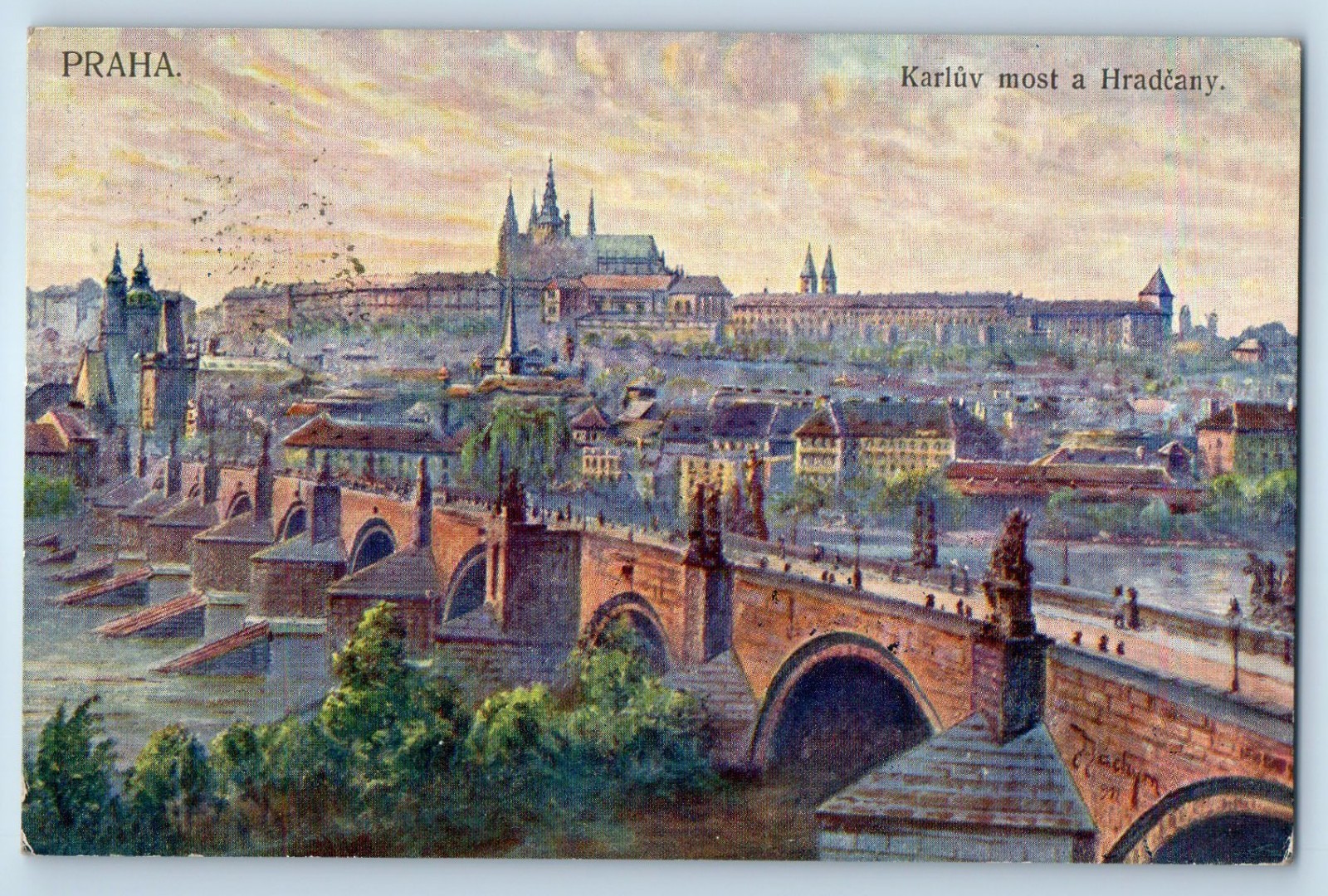 Prague Czech Republic Postcard Charles Bridge and Hradcany c1910 Antique