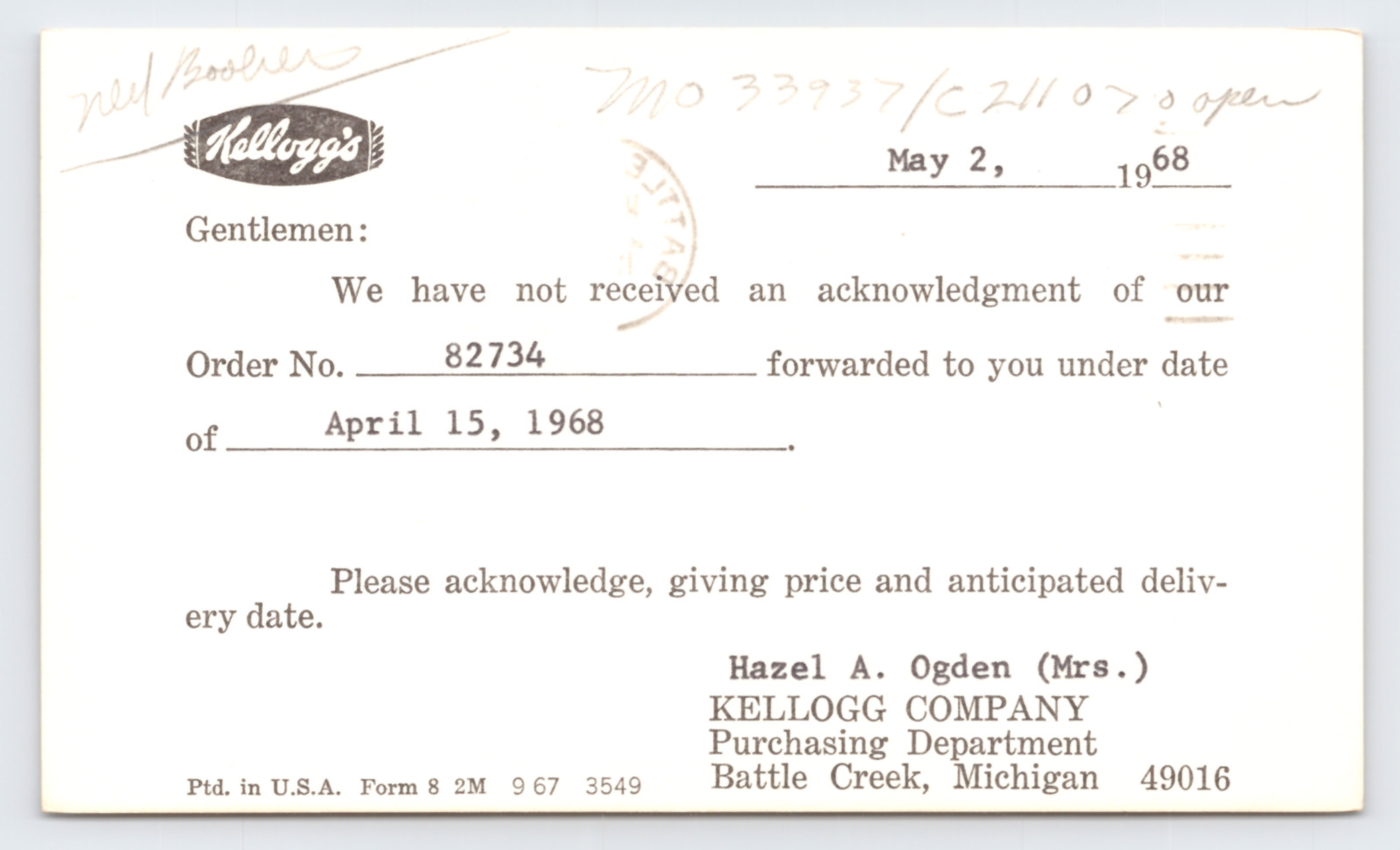 1968 Kellogg Company Postal Card Battle Creek MI Union Carbide Order