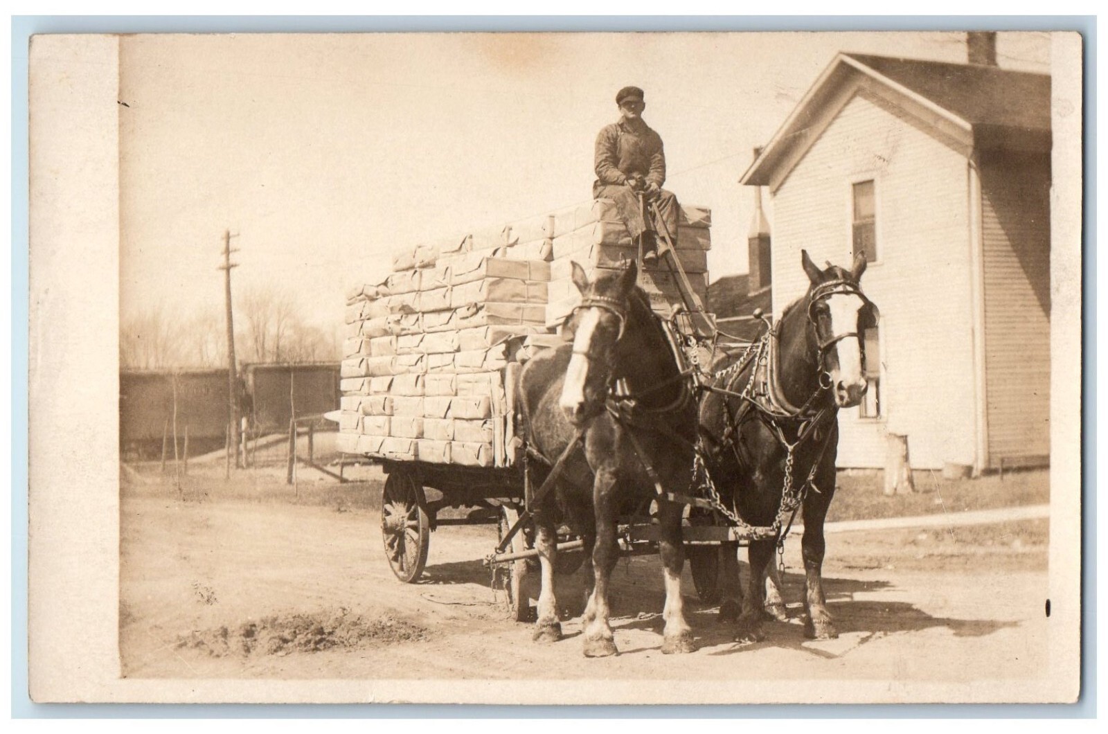 c1910’s Horse Wagon Coachman Hauling Delivery RPPC Cardboard Box Photo Postcard