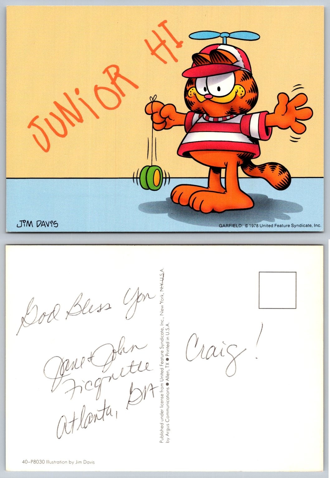 Vintage 1978 Garfield Junior Hi Yo-Yo Propeller Beanie Postcard Jim Davis
