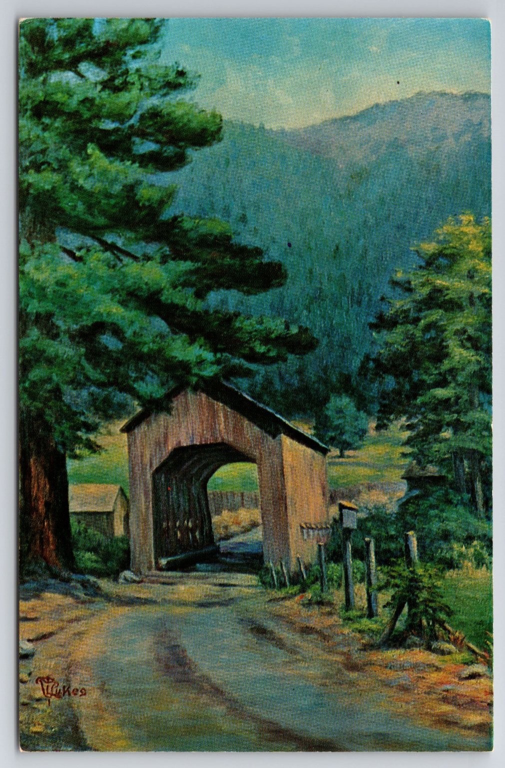 Vintage Siskiyou County Covered Bridge Postcard Calla L. Lukes Art