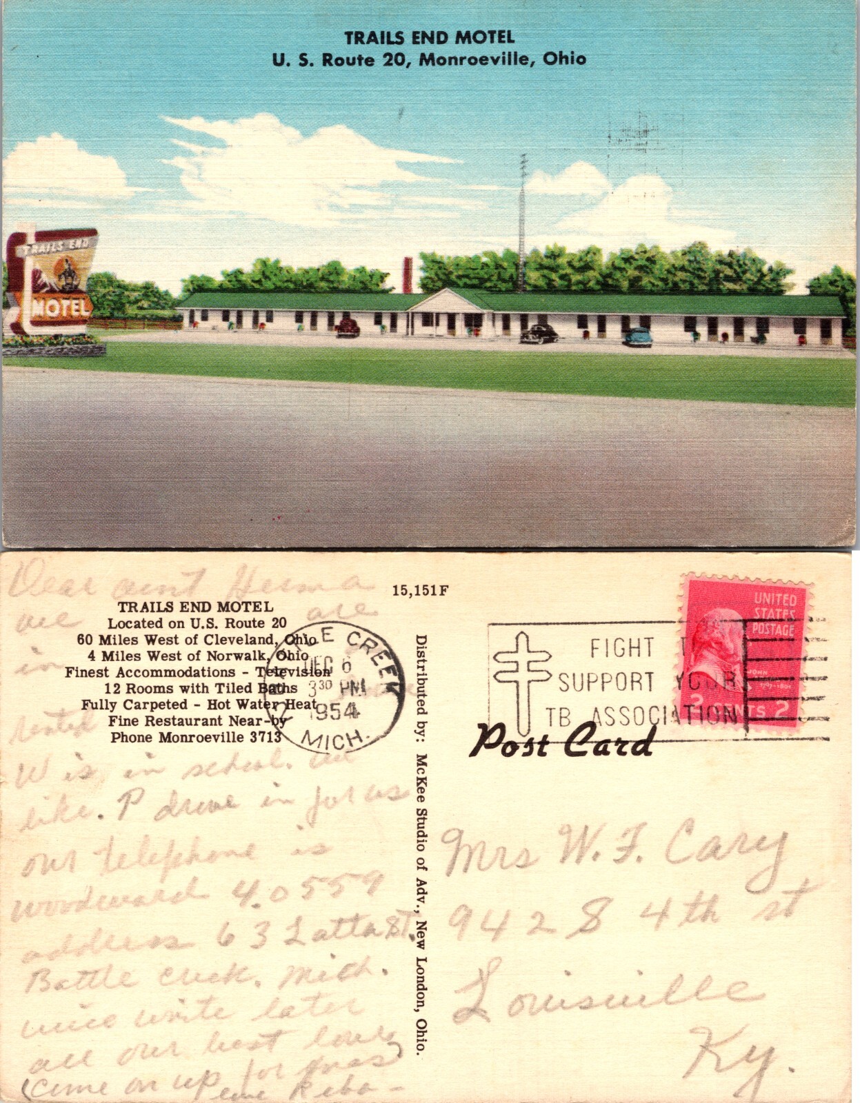 Trails End Motel US Route 20 Monroeville Ohio OH Postcard