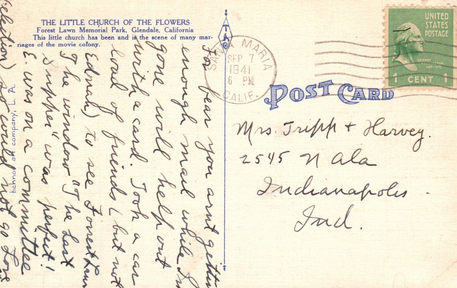 Postcard CA Glendale Little Church of the Flowers 1941 Linen Vintage PC G1999