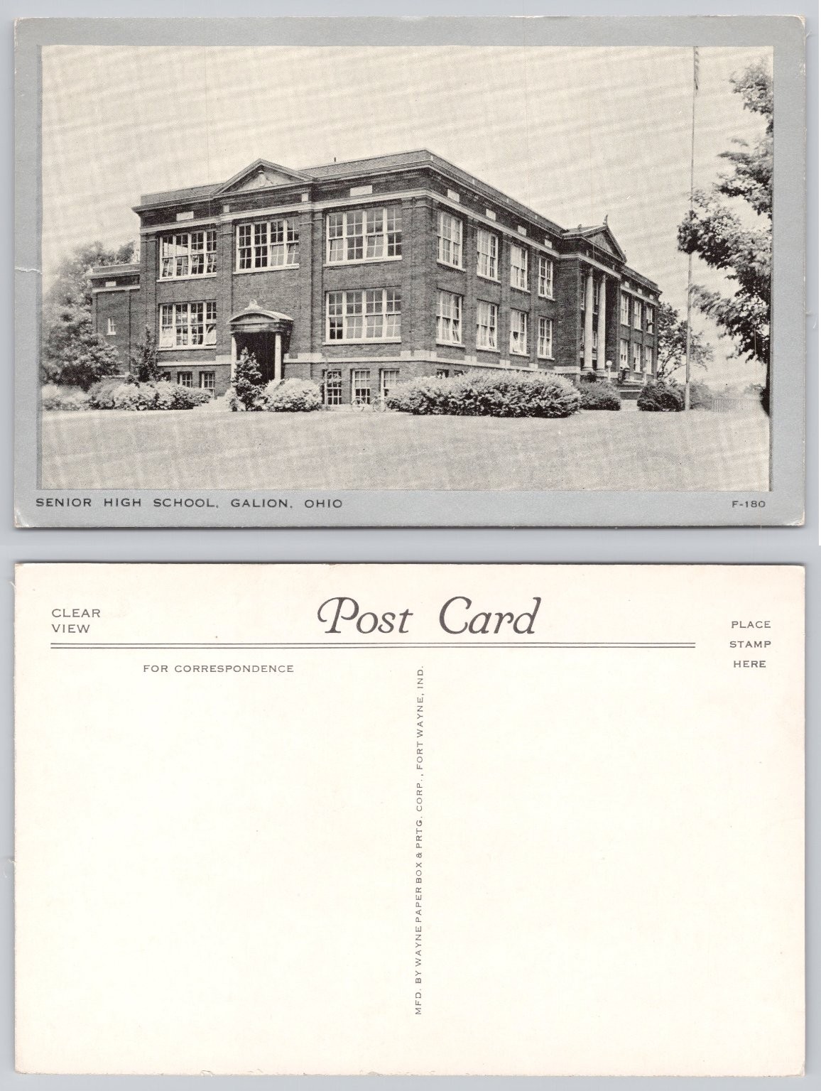 Galion Ohio Senior High School Vintage Postcard Wayne Paper Box & Printing F-180