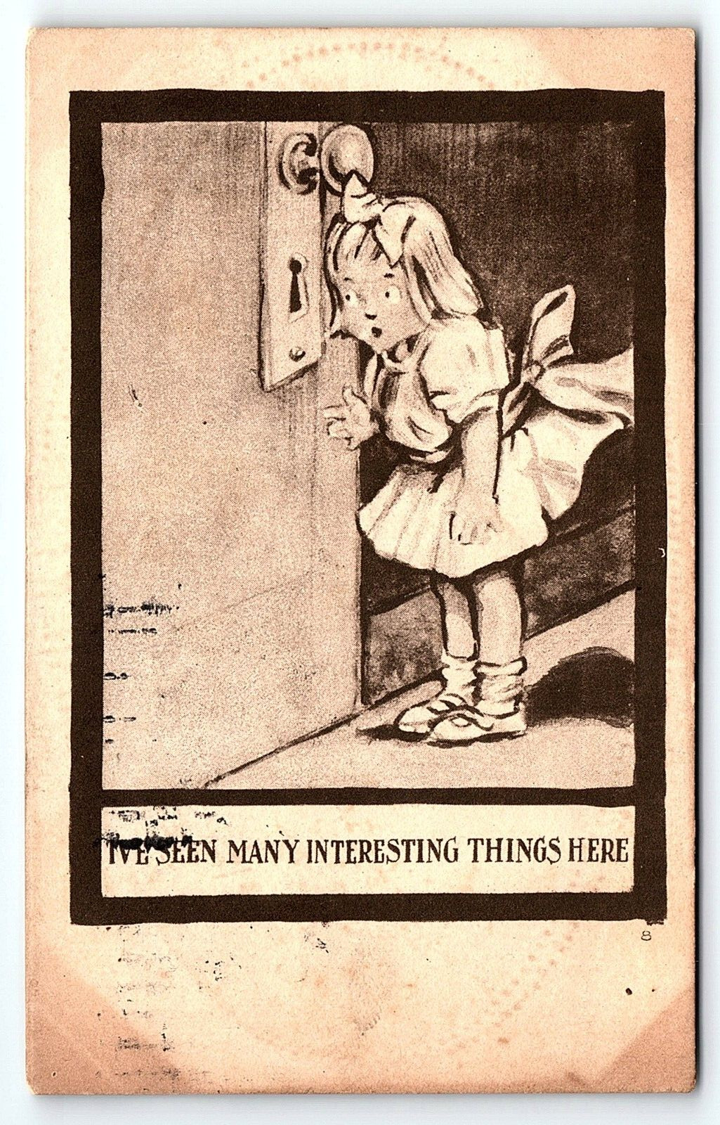 c1910 YOUNG GIRL PEEPING THROUGH KEYHOLE SEEN MANY THINGS HERE POSTCARD 46-146