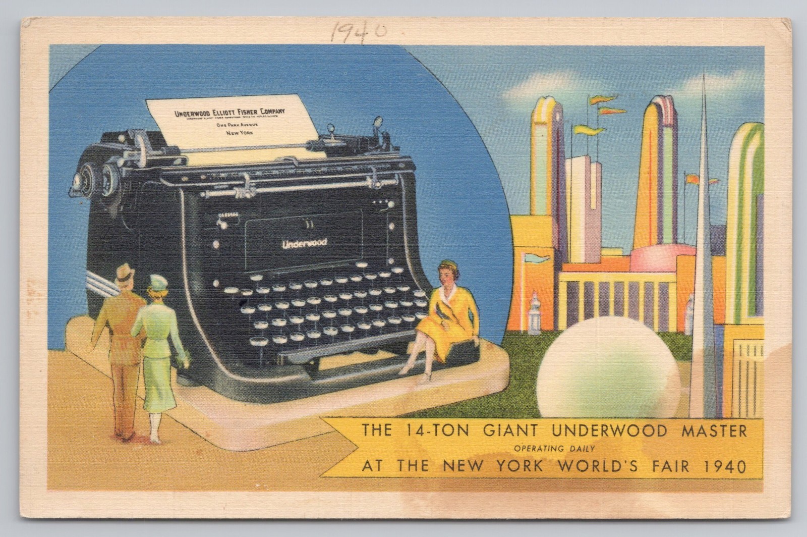 Giant Underwood Master Typewriter New York World’s Fair 1940 Postcard