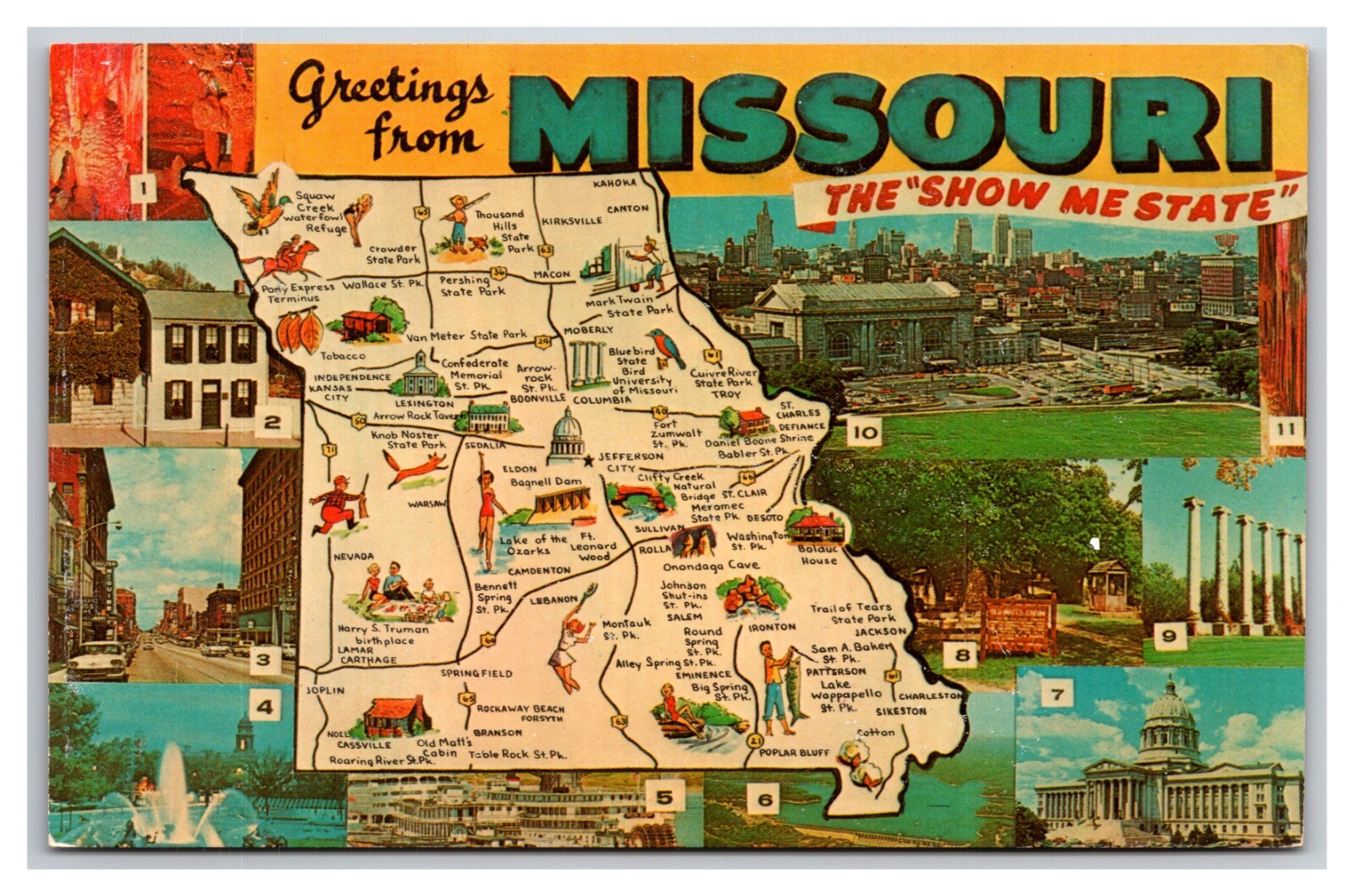 Map View Greetings From Missouri MO The Show Me State UNP Chrome Postcard XB6