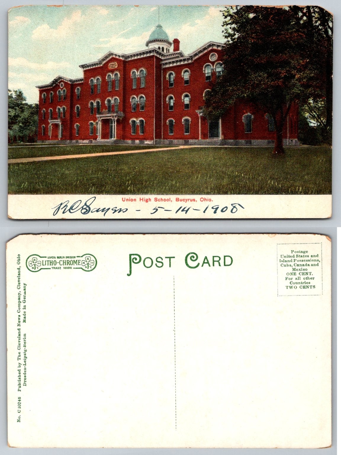 1908 Union High School Bucyrus Ohio Postcard Litho-Chrome Cleveland News Co.