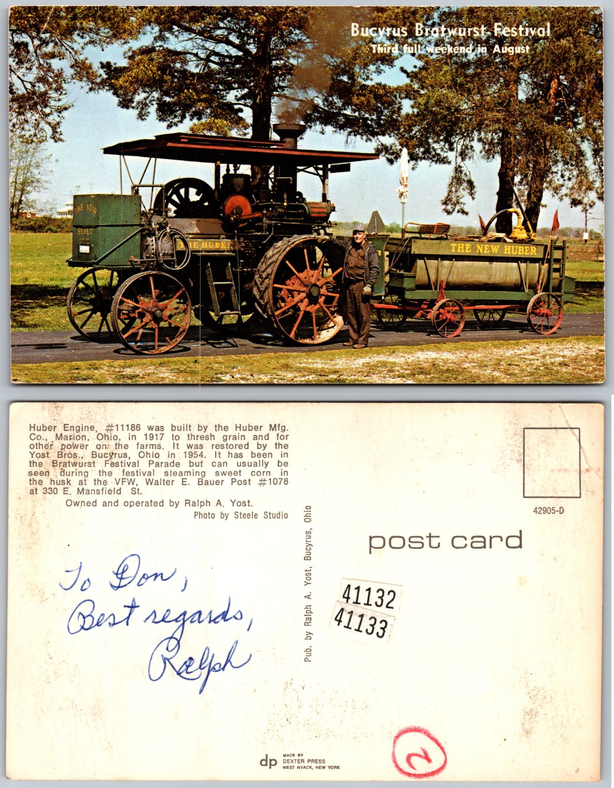 Bucyrus Bratwurst Festival OH Huber Engine Parade Postcard