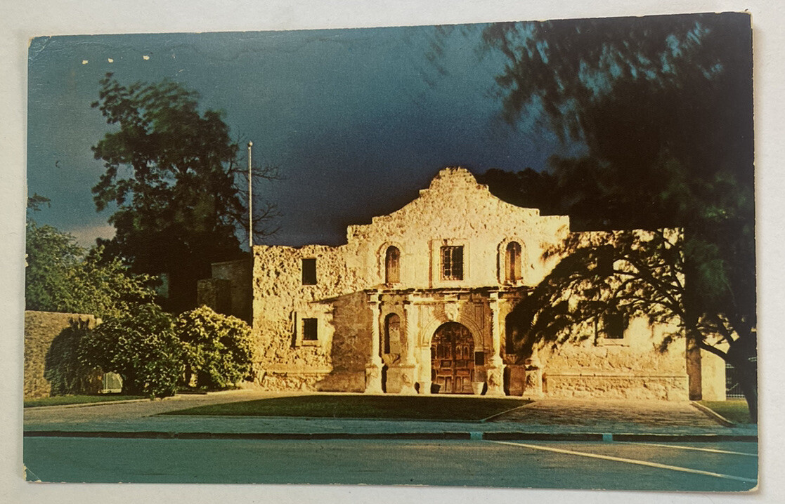 Vintage Postcard ~ Night View of The Alamo Exterior ~ San Antonio Texas TX