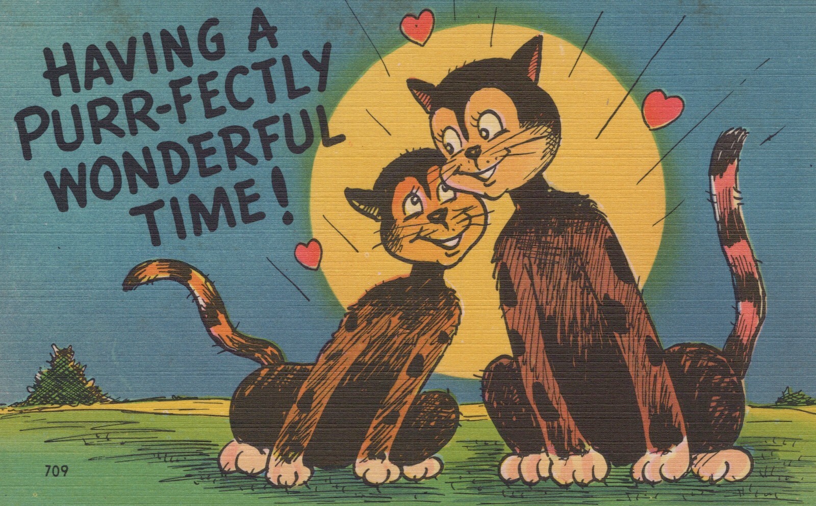 Having A Purr-fectly Wonderful Time! Cats Comic Cartoon Linen Vintage Postcard