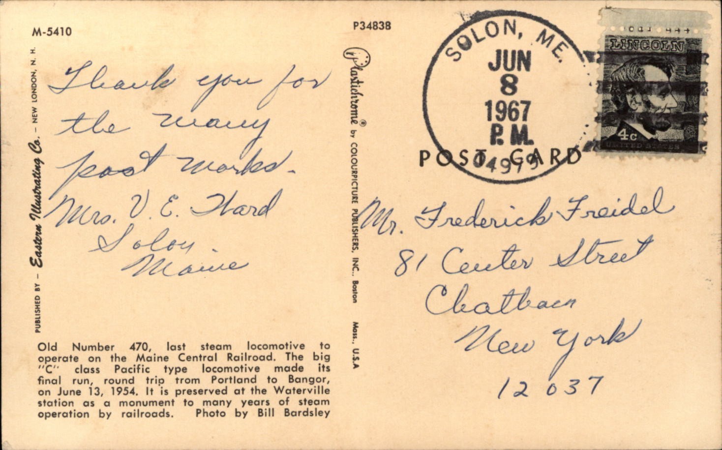 Steam Locomotive Solon Maine vintage postcard e495