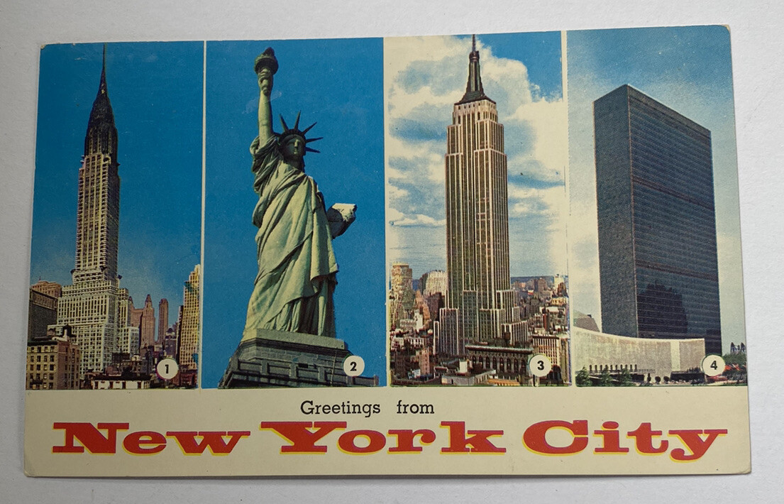 Vintage Postcard c1958~ Empire State Bldg UN Statue of Liberty~ New York City NY