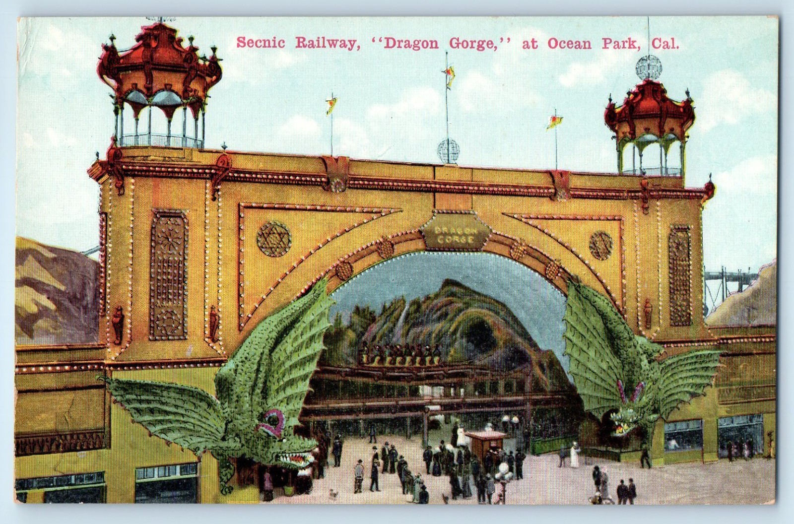 c1910 Ocean Park California Postcard Scenic Railway Dragon Gorge Amusement Park