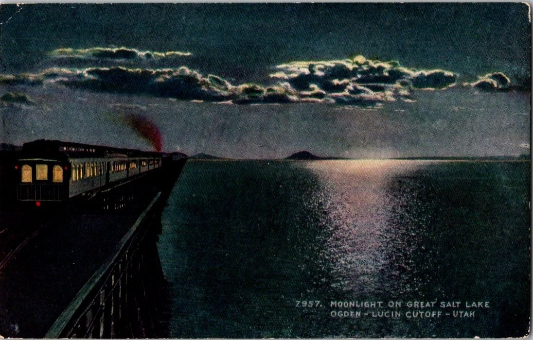 Moonlight Great Salt Lake Ogden Lucin Cutoff Train Trestle Utah Postcard