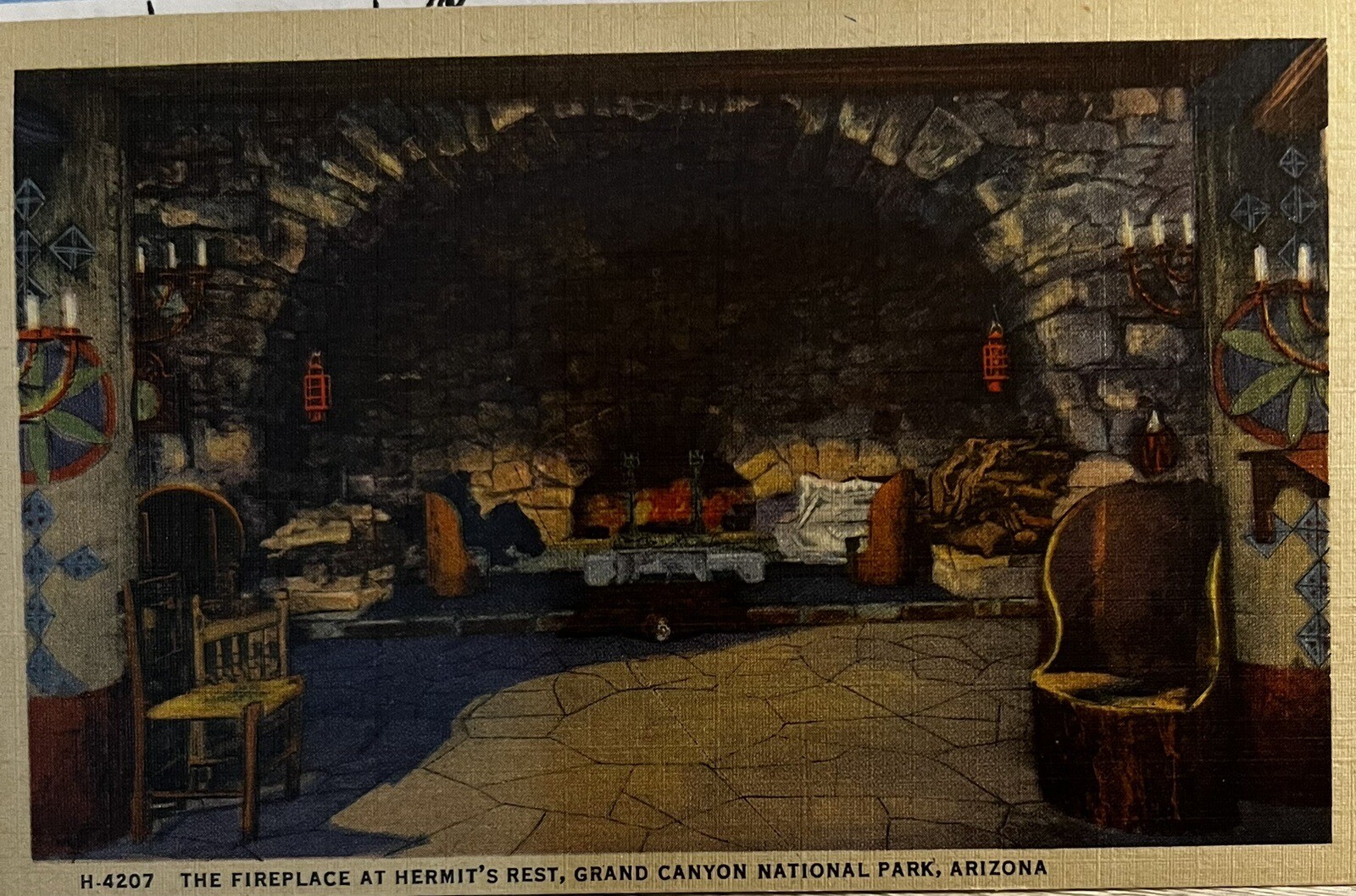 1947 unused extremely rare postcard, Fireplace at Hermit’s Rest, Grand Canyon